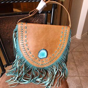 NEW Teal Genuine Leather fringe bag with agate stone accent